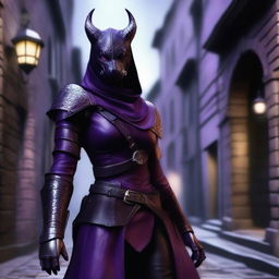 A realistic depiction of a black and purple female dragonborn rogue