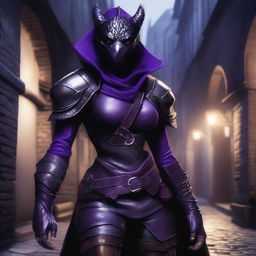 A realistic depiction of a black and purple female dragonborn rogue