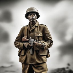 A Black soldier with the rank of Major from World War II in action, holding a gun