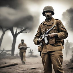 A Black soldier with the rank of Major from World War II in action, holding a gun