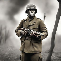 A Black soldier with the rank of Major from World War II in action, holding a gun