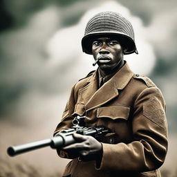 A Black soldier with the rank of Major from World War II in action, holding a gun