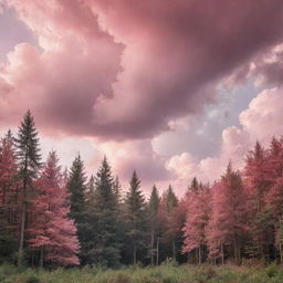 An amazing and serene forest landscape with tall, dense trees, under a dramatic sky with fluffy clouds, dyed pink by the setting sun.