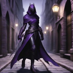 A realistic depiction of a black and purple female dragonborn rogue