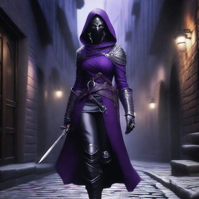 A realistic depiction of a black and purple female dragonborn rogue