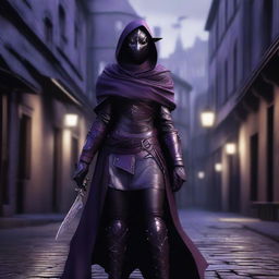 A realistic depiction of a black and purple female dragonborn rogue