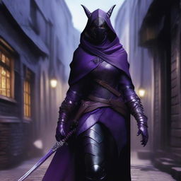 A realistic depiction of a black and purple female dragonborn rogue