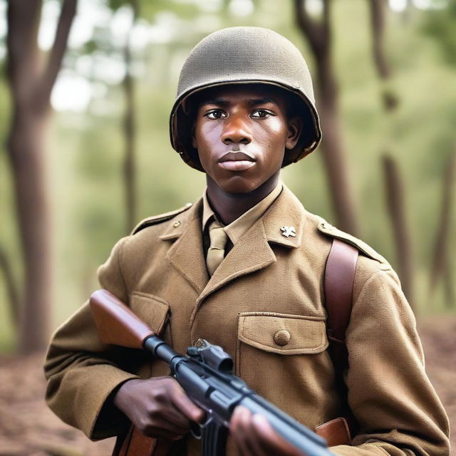 A young Black soldier with the rank of Major from World War II in the midst of war action, holding a gun