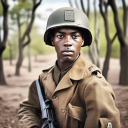 A young Black soldier with the rank of Major from World War II in the midst of war action, holding a gun