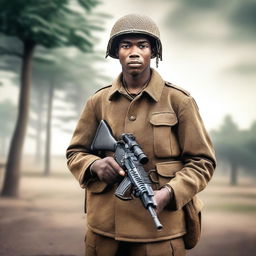 A young Black soldier with the rank of Major from World War II in the midst of war action, holding a gun