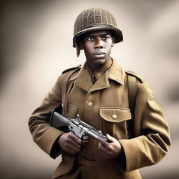 A young Black soldier with the rank of Major from World War II in the midst of war action, holding a gun