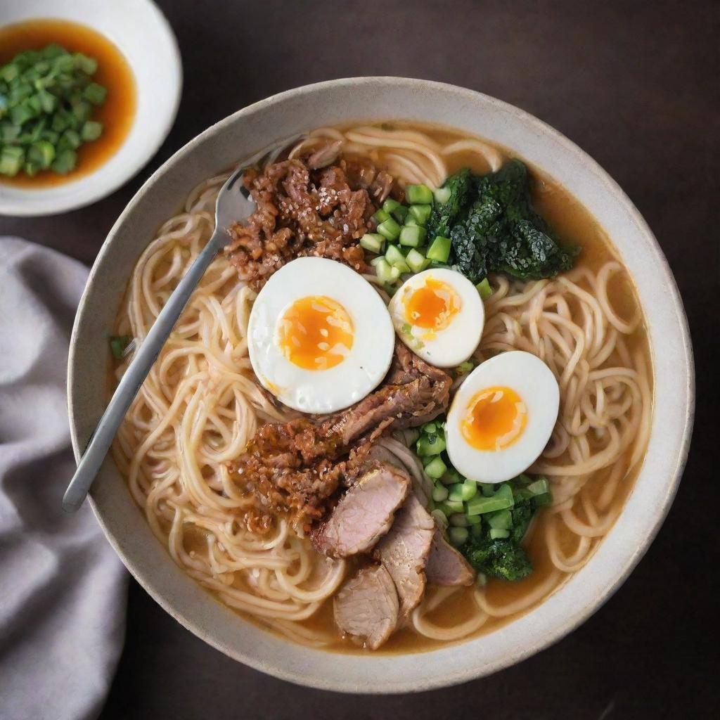 A hot bowl of savory ramen noodles with its rich broth, garnished with aromatic toppings, with a stainless steel fork nestled into the noodles ready to be used.