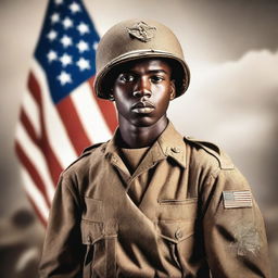 A young Black soldier with the rank of Major from World War II in the midst of war action, holding a gun