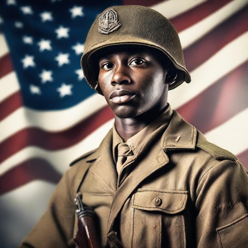 A young Black soldier with the rank of Major from World War II in the midst of war action, holding a gun