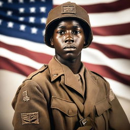 A young Black soldier with the rank of Major from World War II in the midst of war action, holding a gun