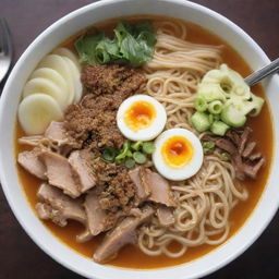 A hot bowl of savory ramen noodles with its rich broth, garnished with aromatic toppings, with a stainless steel fork nestled into the noodles ready to be used.