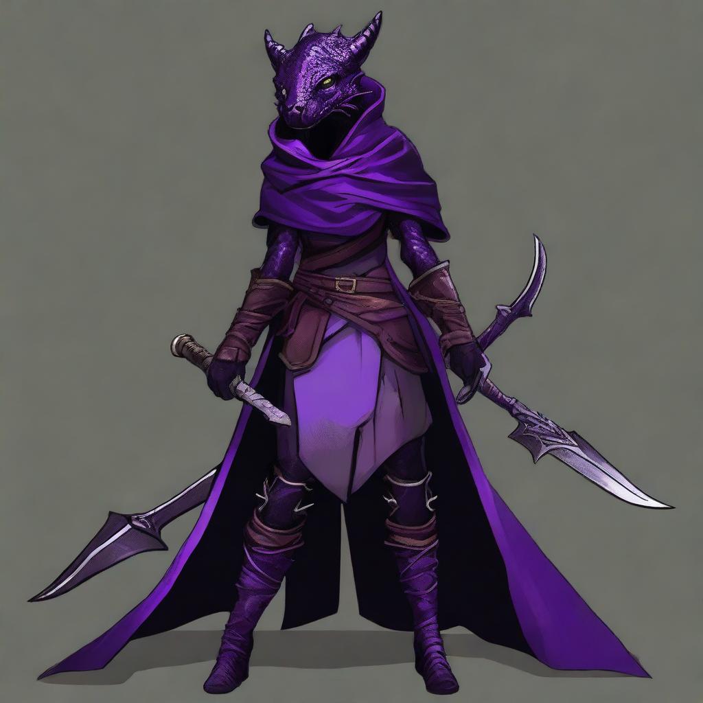 A realistic depiction of a black and purple female dragonborn rogue with a tail