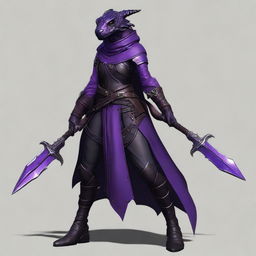 A realistic depiction of a black and purple female dragonborn rogue with a tail