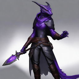 A realistic depiction of a black and purple female dragonborn rogue with a tail