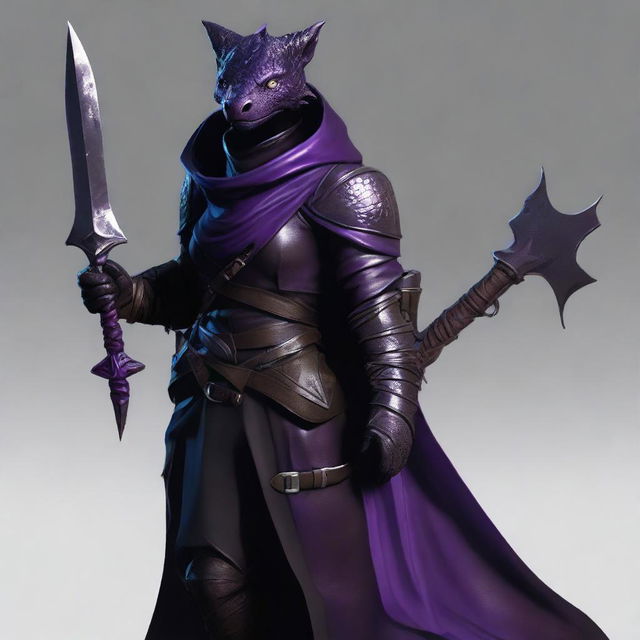 A realistic depiction of a black and purple female dragonborn rogue with a tail