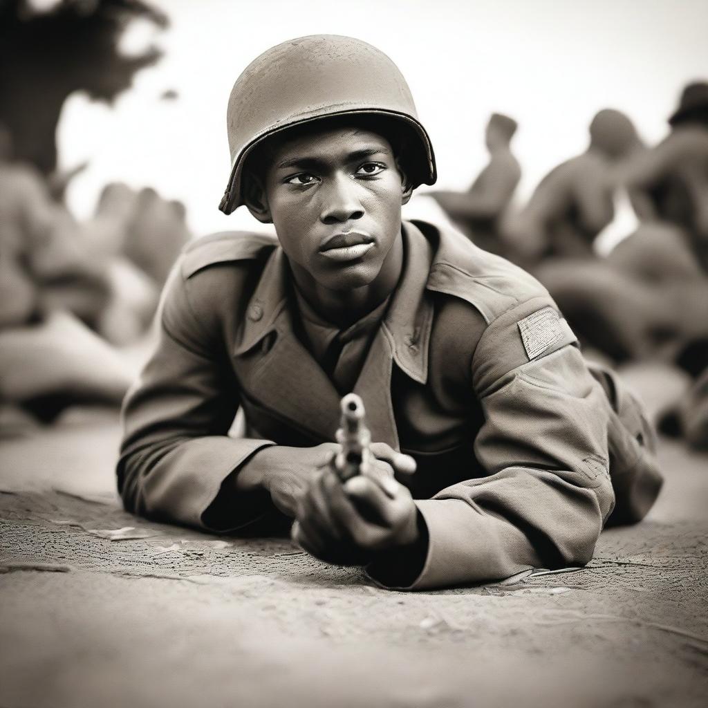 A young Black soldier from World War II lying on the ground with a gun in hand