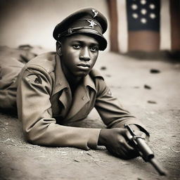 A young Black soldier from World War II lying on the ground with a gun in hand