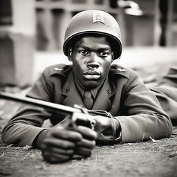 A young Black soldier from World War II lying on the ground with a gun in hand