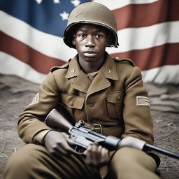 A young Black soldier from World War II lying on the ground with a gun in hand