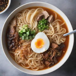 A hot bowl of savory ramen noodles with its rich broth, garnished with aromatic toppings, with a stainless steel fork nestled into the noodles ready to be used.