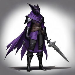 A realistic depiction of a black and purple female dragonborn rogue with a tail