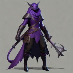 A realistic depiction of a black and purple female dragonborn rogue with a tail