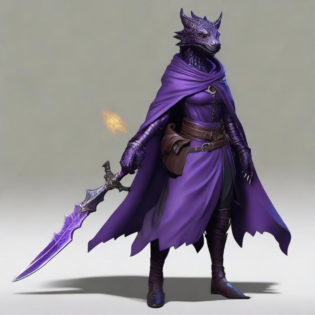 A realistic depiction of a black and purple female dragonborn rogue with a tail