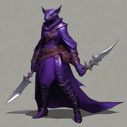 A realistic depiction of a black and purple female dragonborn rogue with a tail