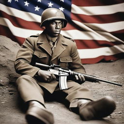 A Black soldier from World War II lying on the ground with a machine gun in hand