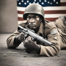 A Black soldier from World War II lying on the ground with a machine gun in hand