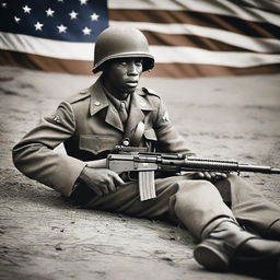 A Black soldier from World War II lying on the ground with a machine gun in hand