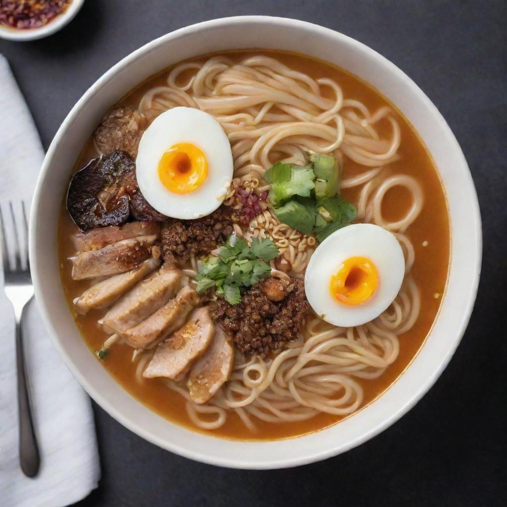 A hot bowl of savory ramen noodles with its rich broth, garnished with aromatic toppings, with a stainless steel fork nestled into the noodles ready to be used.