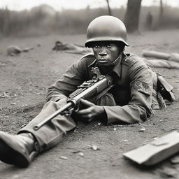 A Black soldier from World War II lying on the ground with a machine gun in hand