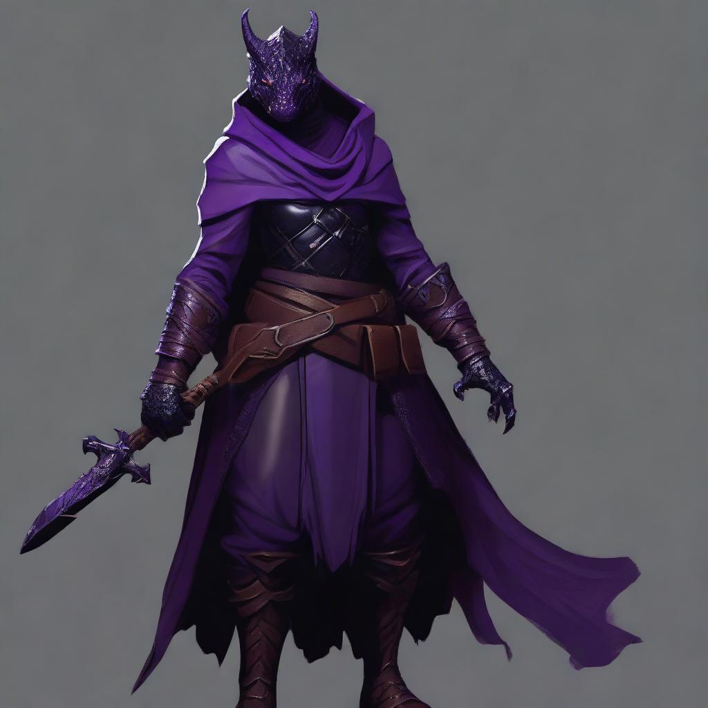 A realistic depiction of a black and purple female dragonborn rogue