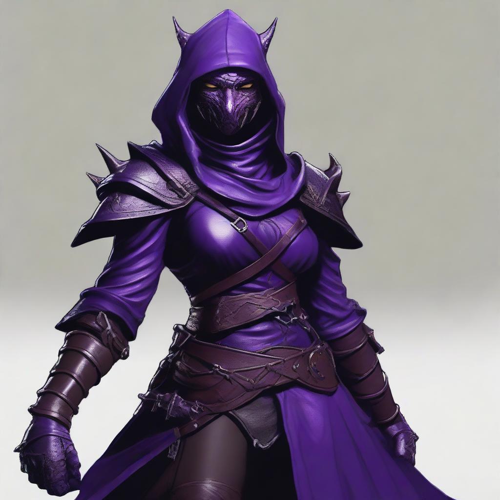 A realistic depiction of a black and purple female dragonborn rogue