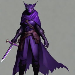 A realistic depiction of a black and purple female dragonborn rogue