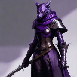 A realistic depiction of a black and purple female dragonborn rogue