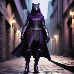 A realistic depiction of a black and purple female dragonborn rogue