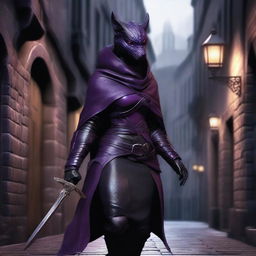 A realistic depiction of a black and purple female dragonborn rogue