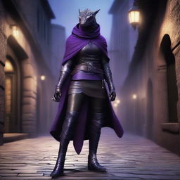 A realistic depiction of a black and purple female dragonborn rogue