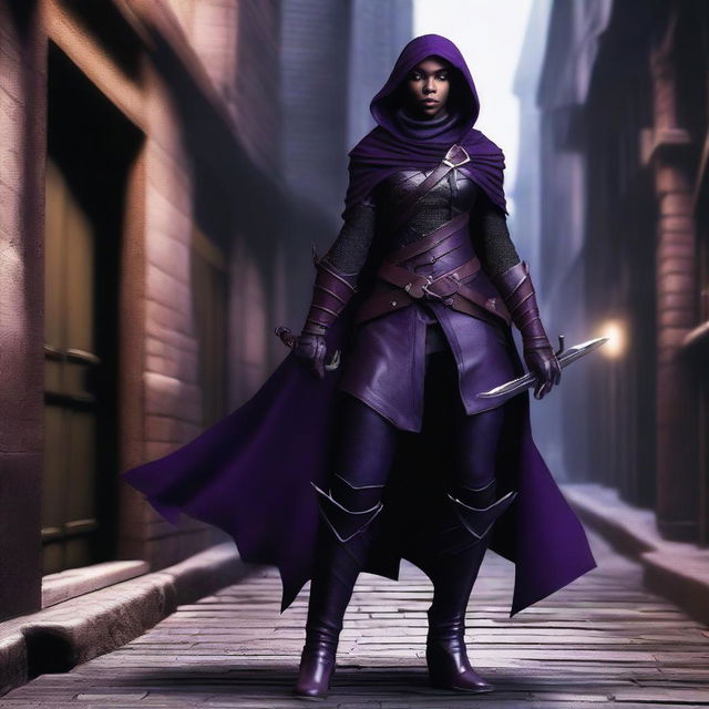 A realistic depiction of a black and purple female dragonborn rogue