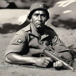 A Hawaiian man serving as a soldier in World War II, lying on the ground with a machine gun in hand