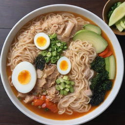 A steaming bowl of authentic ramen with a variety of colorful, fresh ingredients and a silver fork submerged within the delicious noodles and broth.