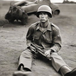 A Hawaiian man serving as a soldier in World War II, lying on the ground with a machine gun in hand