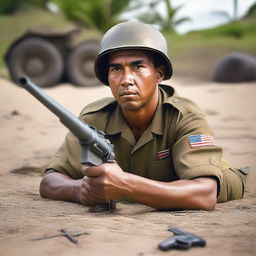 A Hawaiian man serving as a soldier in World War II, lying on the ground with a machine gun in hand